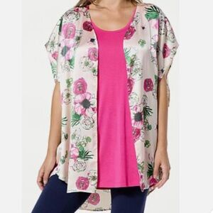 Hue 2 piece PINK FLORAL Printed Ruana JACKET & Tank TOP SHIRT Set SZ L